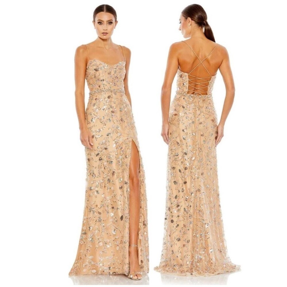 Mac Duggal 68049 Nude Embellished Sleeveless Lace Up Gown 4 NEW $498
